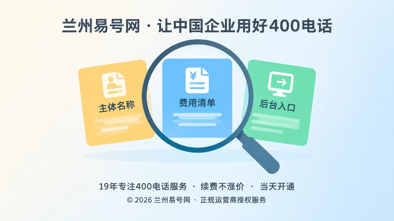 聚焦式扁平插画：放大镜核验400电话办理主体、费用和后台入口